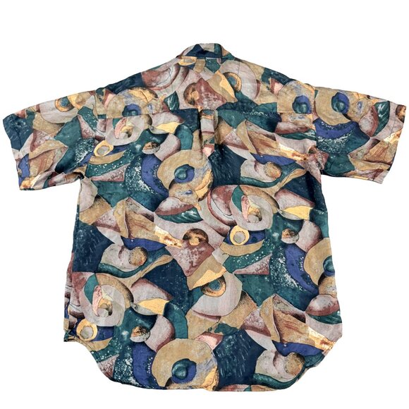 90's VTG CITY STREETS Vintage 100% Silk Abstract Art Print Button Shirt Mens M - Picture 2 of 11